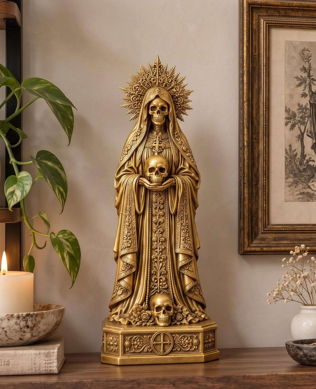 Statua Santa con Due Teschi Dorata in Resina Gotica — immagine 5