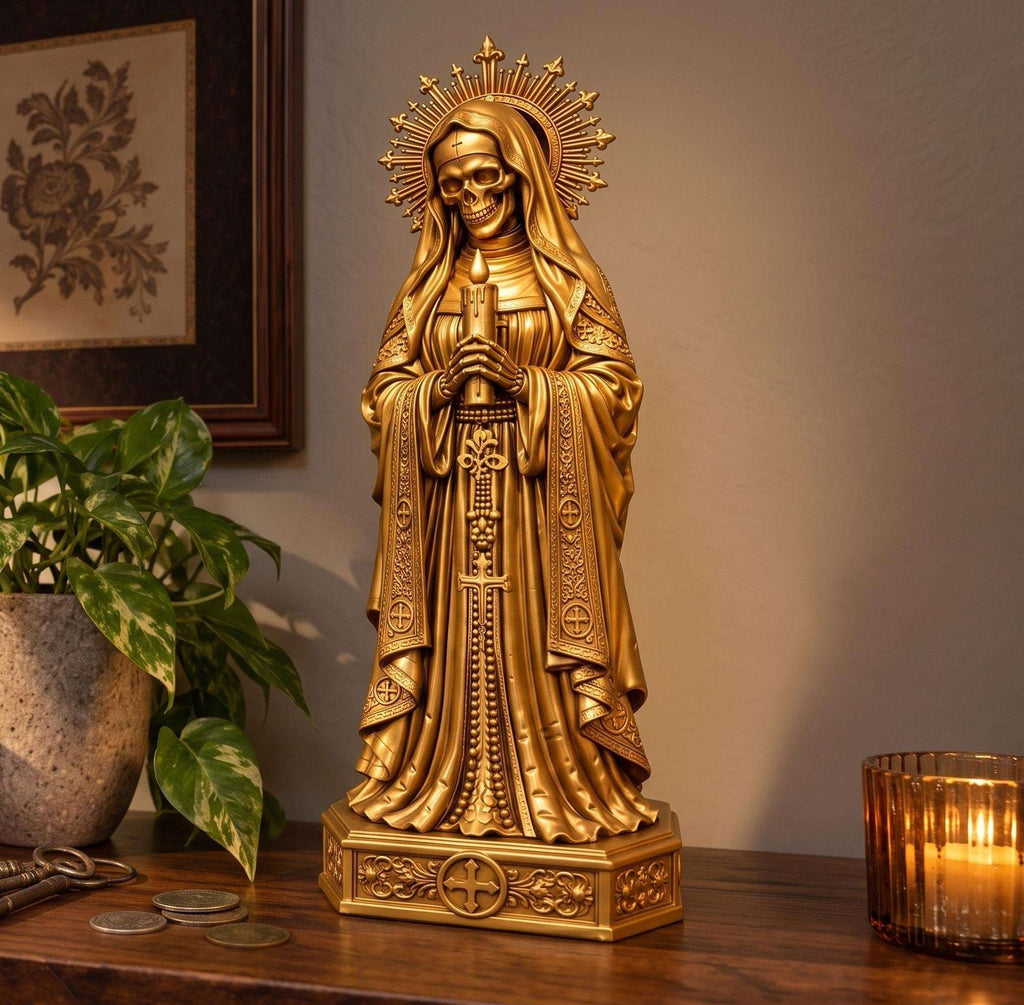Statua Santa Muerte Dorata in Resina con Candela — immagine 3