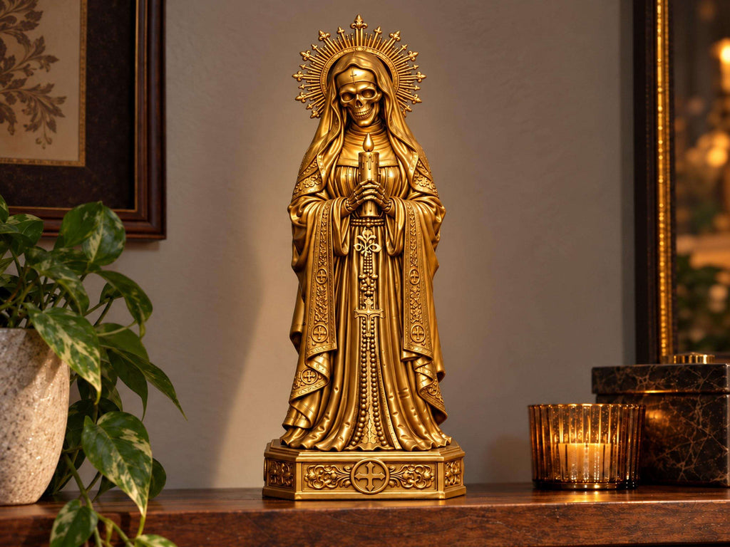 Statua Santa Muerte Dorata in Resina con Candela — immagine 5