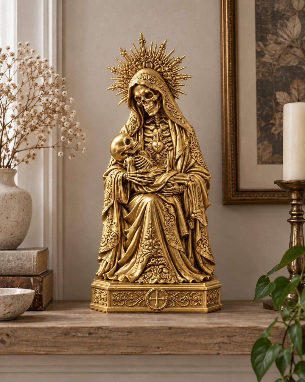Statua Santa Muerte Dorata in Resina, Pietà Macabra