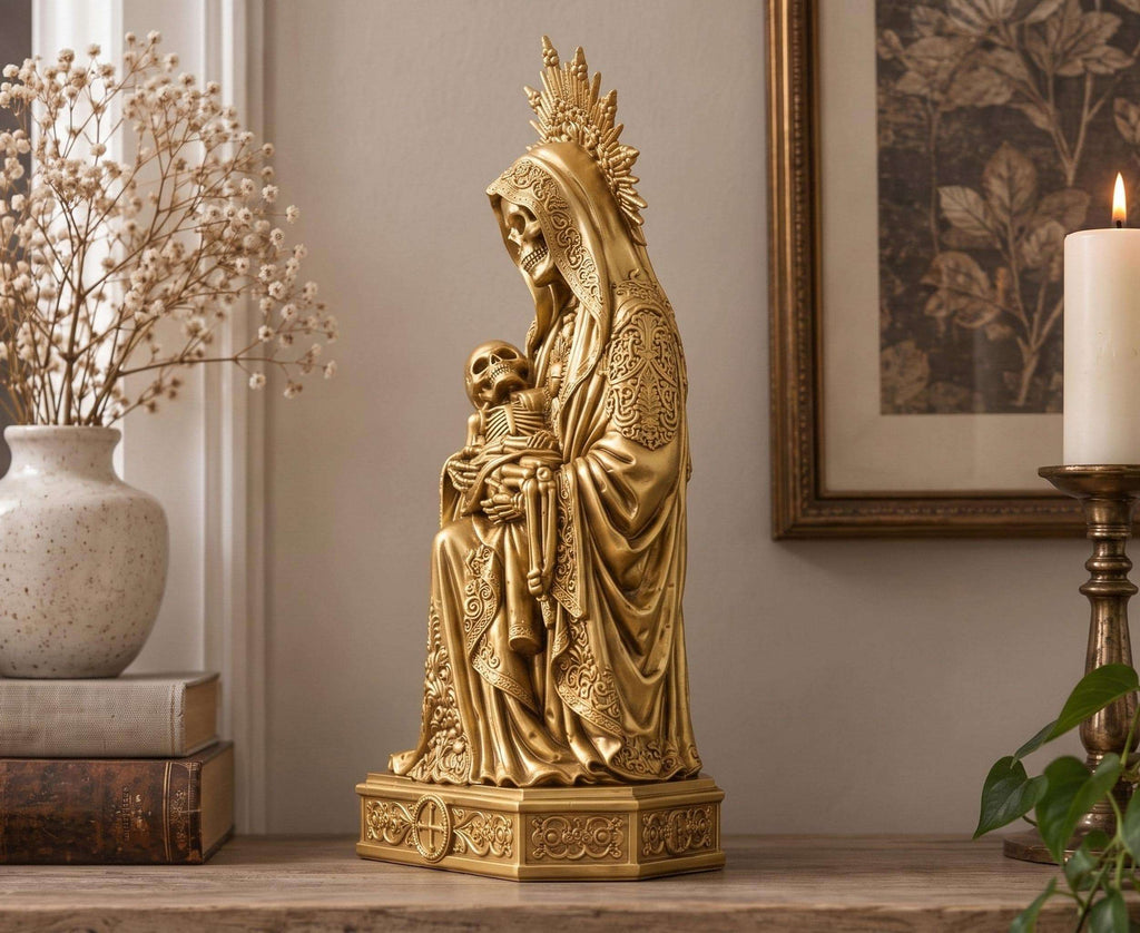 Statua Santa Muerte Dorata in Resina, Pietà Macabra — immagine 2