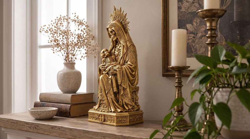 Statua Santa Muerte Dorata in Resina, Pietà Macabra — immagine 6