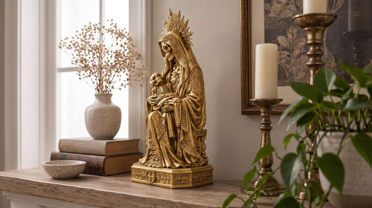 Statua Santa Muerte Dorata in Resina, Pietà Macabra — immagine 6