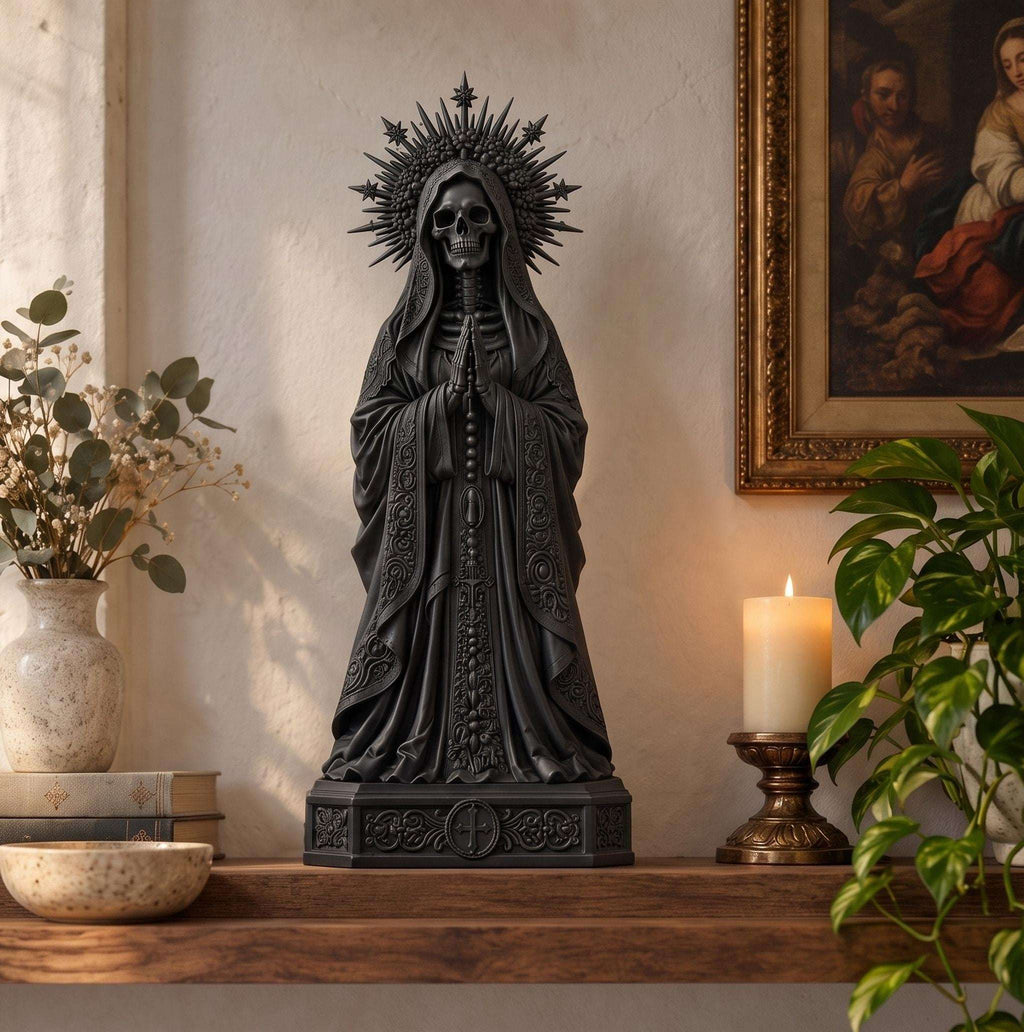 Statua Santa Muerte Nera in Resina con Rosario e Corona — immagine 4