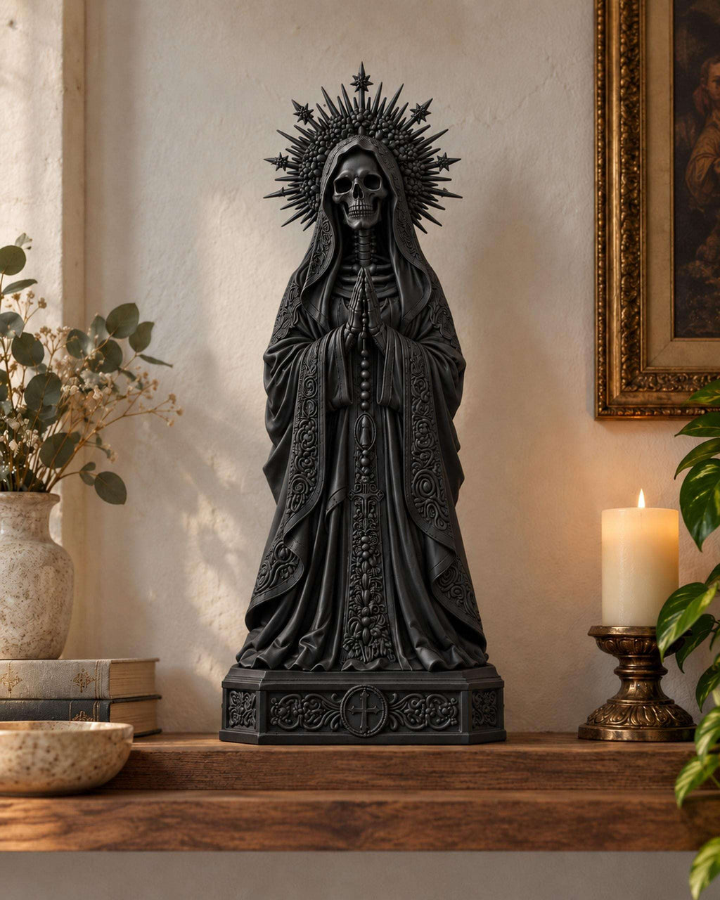 Statua Santa Muerte Nera in Resina con Rosario e Corona — immagine 5