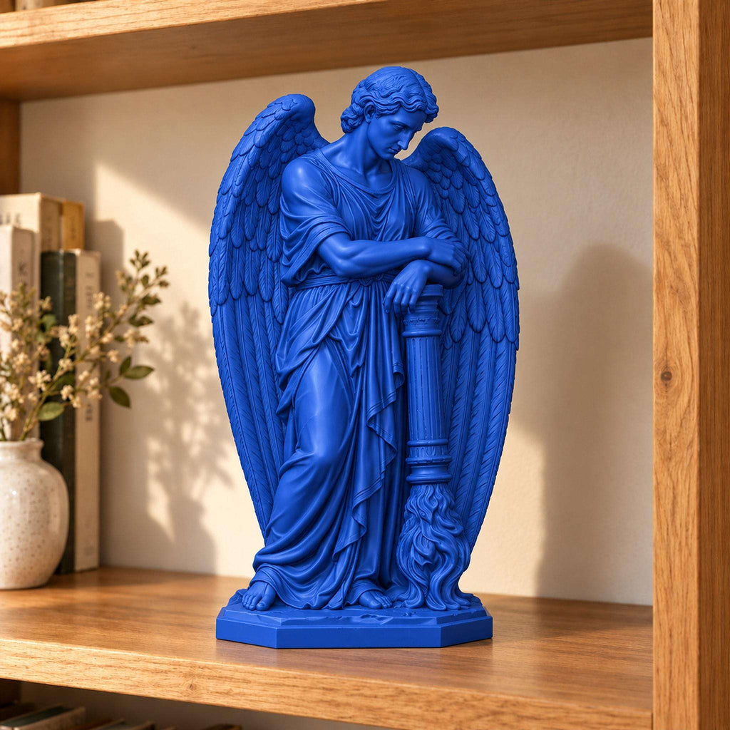 Statua Thanatos Blu Zaffiro in Resina con Ali e Torcia